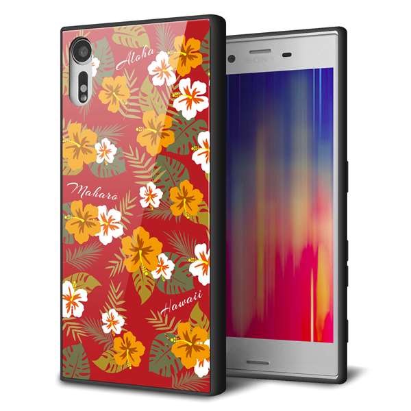 Xperia XZs 602SO SoftBank 強化ガラス＆TPUスマホケース ガラプリ【SC885 ハワイアンアロハレトロ（レッド）】