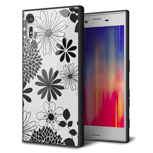 Xperia XZs 602SO SoftBank 強化ガラス＆TPUスマホケース ガラプリ【SC912 花柄モノトーン 01】