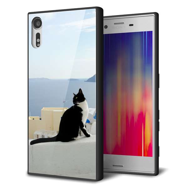 Xperia XZs 602SO SoftBank 強化ガラス＆TPUスマホケース ガラプリ【VA805 ネコと地中海】