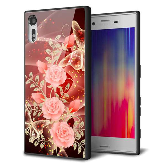 Xperia XZs 602SO SoftBank 強化ガラス＆TPUスマホケース ガラプリ【VA824 魅惑の蝶とピンクのバラ】