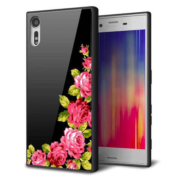 Xperia XZs 602SO SoftBank 強化ガラス＆TPUスマホケース ガラプリ【VA826 バラのフレーム(黒)】