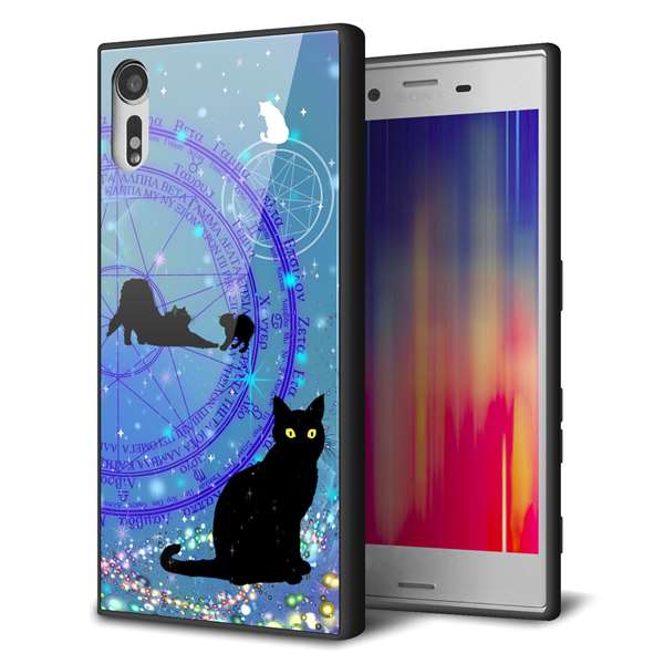 Xperia XZs 602SO SoftBank 強化ガラス＆TPUスマホケース ガラプリ【YJ327 魔法陣猫 キラキラ　かわいい】
