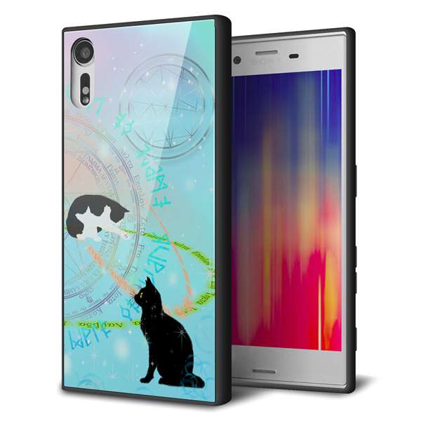Xperia XZs 602SO SoftBank 強化ガラス＆TPUスマホケース ガラプリ【YJ329 魔法陣猫　キラキラ　パステル】