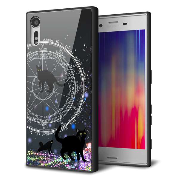 Xperia XZs 602SO SoftBank 強化ガラス＆TPUスマホケース ガラプリ【YJ330 魔法陣猫　キラキラ 黒猫】