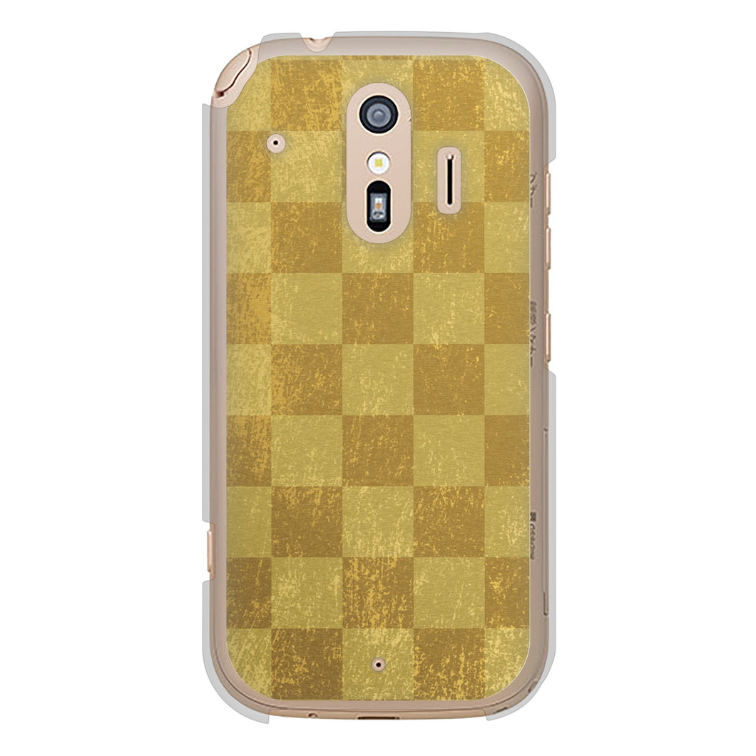 らくらくスマートフォン F-42A docomo 619 市松模様—金（骨董風に傷んだイメージ） ハードケース 背面印刷