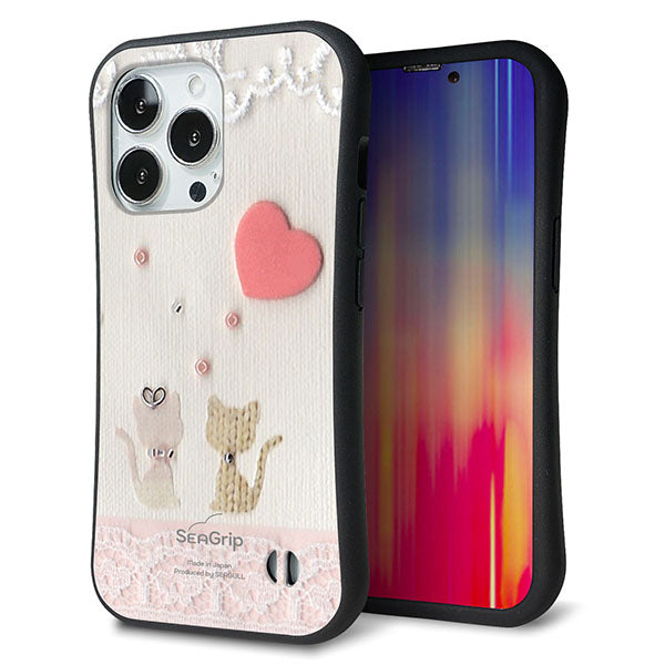 iPhone 13 Pro スマホケース 「SEA Grip」 グリップケース Sライン 【1104 クラフト写真 ネコ (ハートM) 】 UV印刷