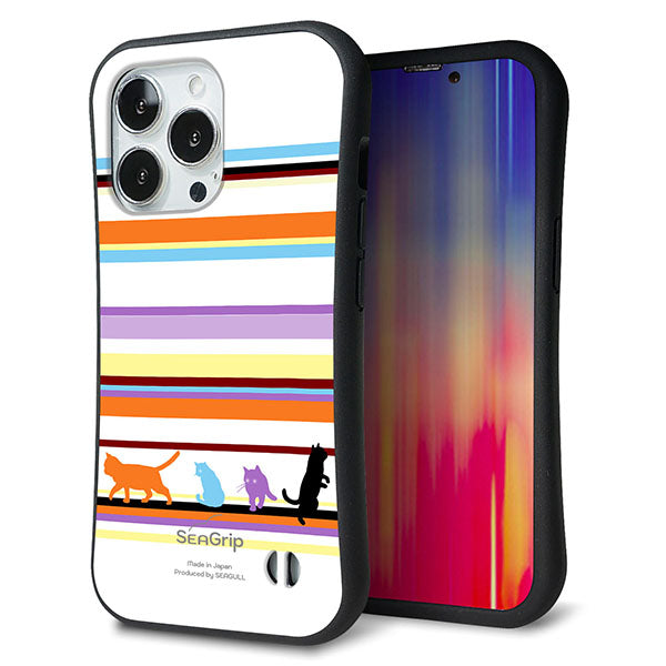 iPhone 13 Pro スマホケース 「SEA Grip」 グリップケース Sライン 【YA887 ストライプネコ01】 UV印刷