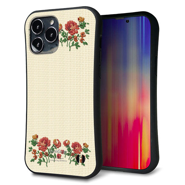 iPhone 13 Pro Max スマホケース 「SEA Grip」 グリップケース Sライン 【KM941 花刺繍風 レッドフラワー オフホワイト 】 UV印刷