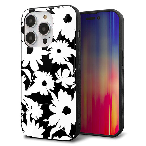 iPhone14 Pro 強化ガラス＆TPUスマホケース ガラプリ【SC915 花柄モノトーン 04】