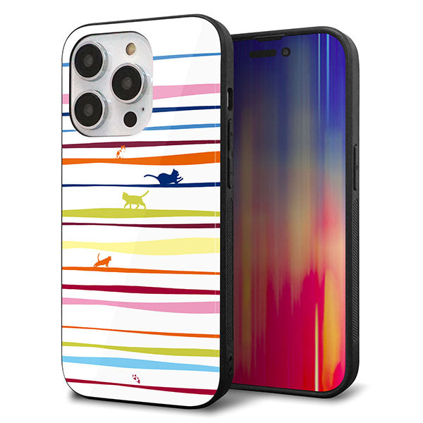 iPhone14 Pro 強化ガラス＆TPUスマホケース ガラプリ【YA893 ストライプネコ02 L】