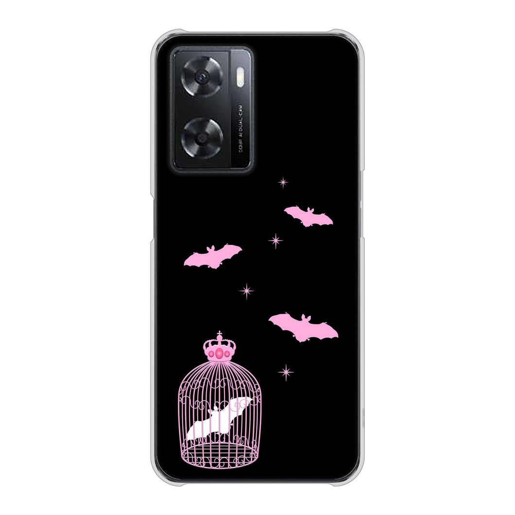 OPPO A77 AG809 こうもりの王冠鳥かご（黒×ピンク） ハードケース 背面印刷