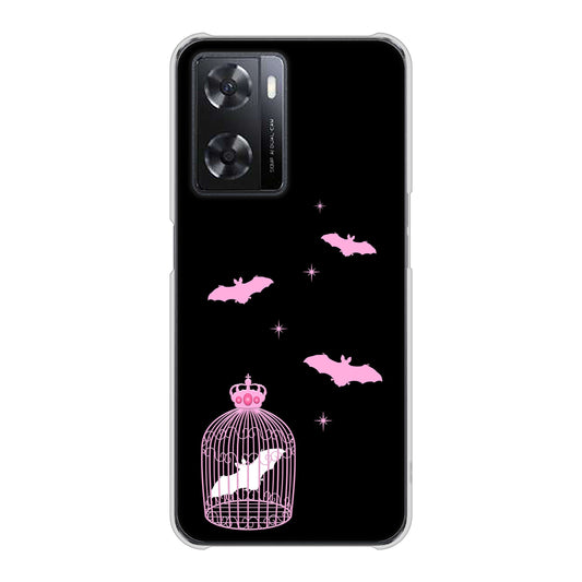 OPPO A77 AG809 こうもりの王冠鳥かご（黒×ピンク） ハードケース 背面印刷