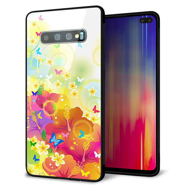 Galaxy S10+ SC-04L docomo 強化ガラス＆TPUスマホケース ガラプリ【647 ハイビスカスと蝶】