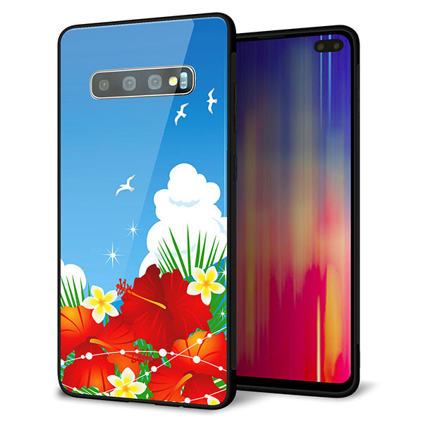 Galaxy S10+ SC-04L docomo 強化ガラス＆TPUスマホケース ガラプリ【VA821 ハイビスカスと青空】