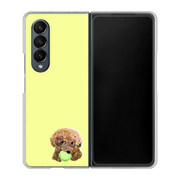 Galaxy Z Fold4 SCG16 au 高画質仕上げ 背面印刷 ハードケース【YJ056 トイプードル＆ボール（イエロー）】