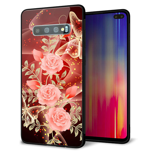 Galaxy S10+ SCV42 au 強化ガラス＆TPUスマホケース ガラプリ【VA824 魅惑の蝶とピンクのバラ】