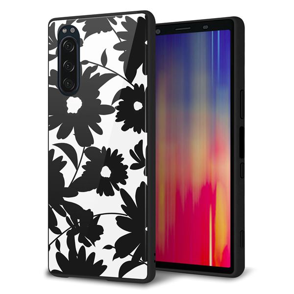 Xperia 5 SO-01M docomo 強化ガラス＆TPUスマホケース ガラプリ【SC916 花柄モノトーン 05】