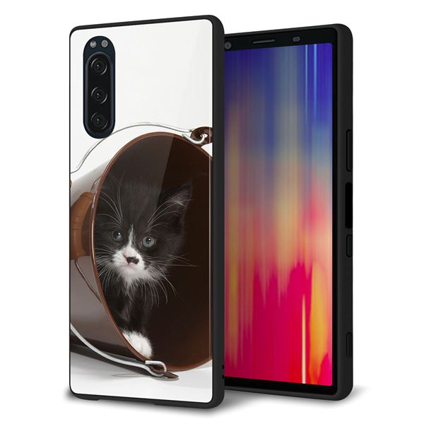 Xperia 5 SO-01M docomo 強化ガラス＆TPUスマホケース ガラプリ【VA800 ネコとバケツ】