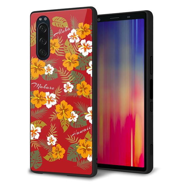 Xperia 5 SOV41 au 強化ガラス＆TPUスマホケース ガラプリ【SC885 ハワイアンアロハレトロ（レッド）】