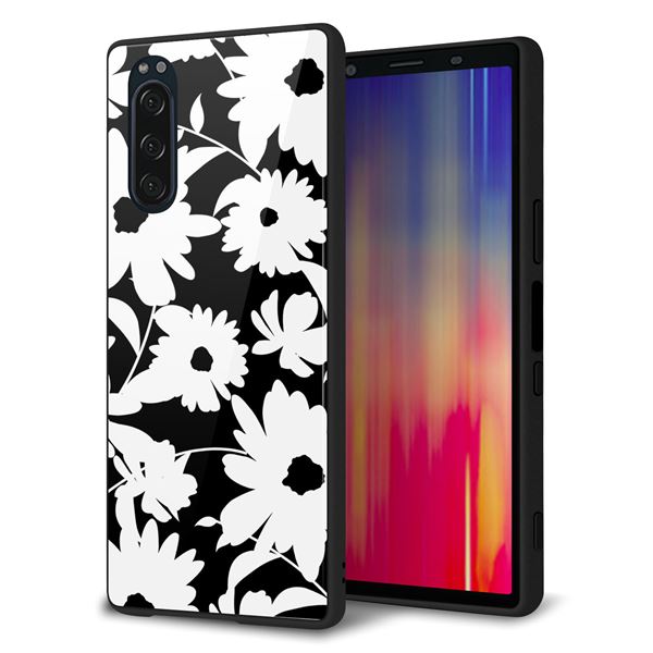 Xperia 5 SOV41 au 強化ガラス＆TPUスマホケース ガラプリ【SC915 花柄モノトーン 04】